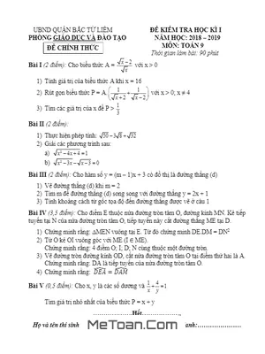 Đề thi học kỳ 1 Toán 9 năm 2018 - 2019 phòng GD&ĐT Bắc Từ Liêm - Hà Nội