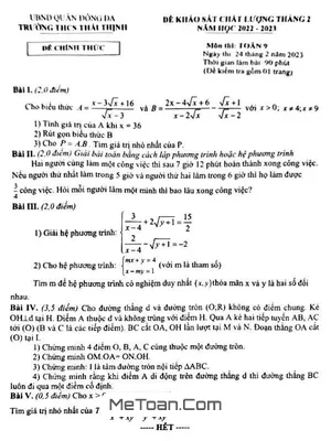 Đề khảo sát Toán 9 tháng 2 năm 2023 trường THCS Thái Thịnh - Hà Nội