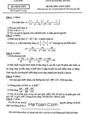 Đề Olympic Toán 8 Năm 2021 - 2022 Phòng GD&ĐT Ứng Hoà - Hà Nội