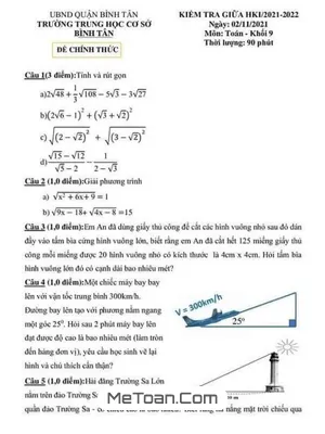Đề thi giữa HK1 Toán 9 năm 2021 - 2022 trường THCS Bình Tân - TPHCM