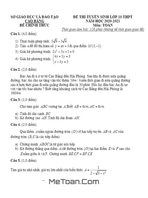 Đề thi tuyển sinh lớp 10 môn Toán năm 2020-2021 Sở GD&ĐT Cao Bằng