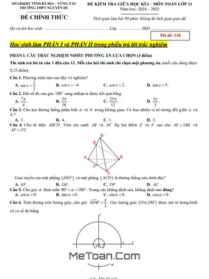 Đề thi giữa HK1 Toán 11 năm 2024 - 2025 trường THPT Nguyễn Du - BR VT (có đáp án)