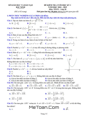 Đề kiểm tra cuối kỳ 1 Toán 10 năm 2024 - 2025 sở GD&ĐT Bắc Ninh