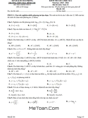 Đề giữa học kì 2 Toán 11 năm 2025 – 2026 trường THPT Mạc Đĩnh Chi – Hải Phòng