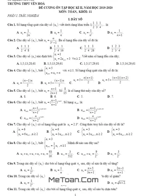 Đề Cương Ôn Tập Học Kỳ 2 Toán 11 Năm 2019 - 2020 Trường THPT Yên Hòa - Hà Nội