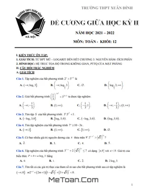 Đề Cương Ôn Tập Giữa Kỳ 2 Môn Toán 12 Năm 2021-2022 Trường THPT Xuân Đỉnh - Hà Nội