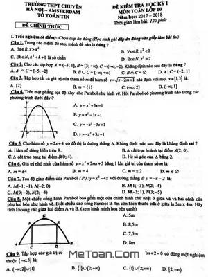Đề thi học kỳ 1 Toán 10 năm 2017 - 2018 trường THPT chuyên Hà Nội - Amsterdam