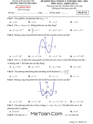 Đề thi học kỳ 1 Toán 12 năm 2023 - 2024 trường THPT Hướng Hóa (Quảng Trị) có đáp án