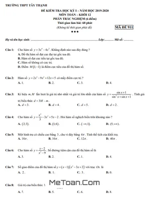Đề Thi Học Kì 1 Toán 12 Năm 2019 - 2020 Trường THPT Tây Thạnh - TP HCM