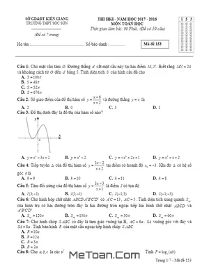 Đề thi HK1 Toán 12 năm học 2017 - 2018 trường THPT Sóc Sơn - Kiên Giang có đáp án