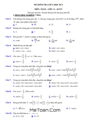 07 Đề Tham Khảo Kiểm Tra Giữa Học Kì 1 Toán 11 KNTT VCS