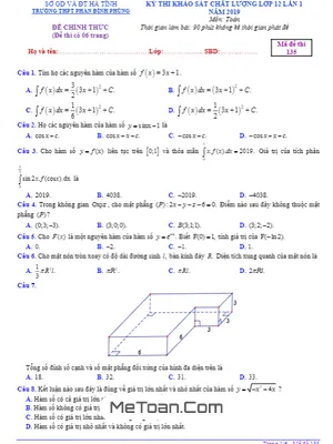 Đề thi KSCL Toán 12 lần 1 năm 2019 trường THPT Phan Đình Phùng – Hà Tĩnh