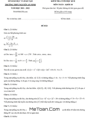 Đề kiểm tra học kì 2 Toán 10 năm 2021 - 2022 trường THPT Nguyễn An Ninh - TP HCM