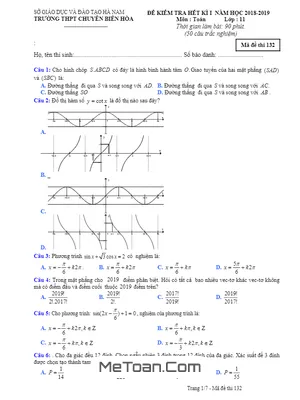 Đề thi Hết Kỳ 1 Toán 11 Năm Học 2018 - 2019 Trường Chuyên Biên Hòa - Hà Nam