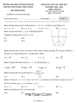 Đề thi giữa kì 1 Toán 12 năm 2020 - 2021 trường THPT Thực hành ĐHSP - TP HCM