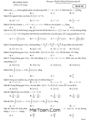 Đề thi học kì 2 Toán 12 năm 2020 - 2021 sở GD&KHCN Bạc Liêu - Mã đề 102