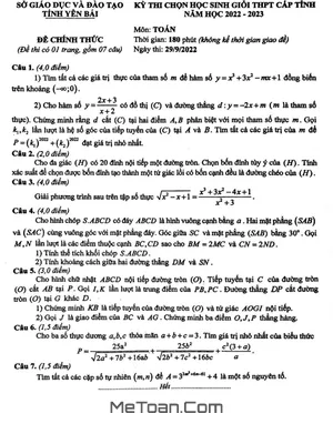 Đề thi chọn học sinh giỏi cấp tỉnh môn Toán THPT năm 2022 - 2023 sở GD&ĐT Yên Bái