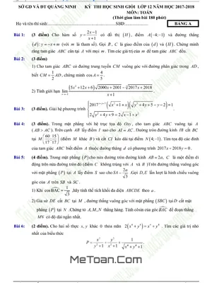 Đề thi HSG Toán 12 năm học 2017 - 2018 sở GD&ĐT Quảng Ninh (Bảng A) có lời giải