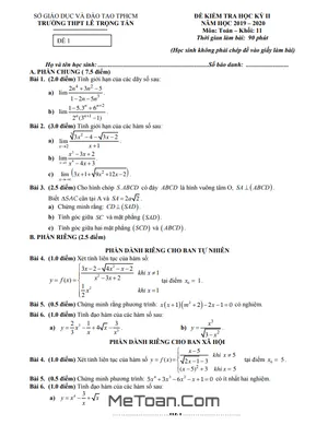 Đề thi học kì 2 Toán 11 năm 2019 - 2020 trường THPT Lê Trọng Tấn - TP HCM
