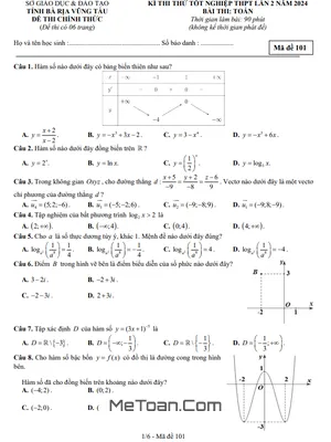 Đề thi thử tốt nghiệp THPT 2024 môn Toán lần 2 sở GD&ĐT Bà Rịa – Vũng Tàu
