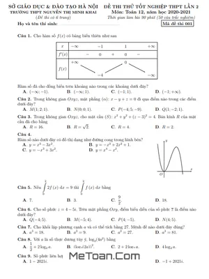 Đề thi thử Toán TN THPT 2021 lần 2 trường Nguyễn Thị Minh Khai – Hà Nội