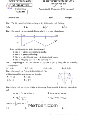 Đề thi thử Toán THPT Quốc gia 2019 lần 2 trường Quảng Xương 1 - Thanh Hóa