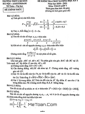 Đề kiểm tra chất lượng HK1 Toán 7 năm 2020 - 2021 trường chuyên Hà Nội - Amsterdam
