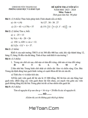 Đề thi học kỳ 1 Toán 6 năm 2023 - 2024 phòng GD&ĐT Thanh Oai - Hà Nội