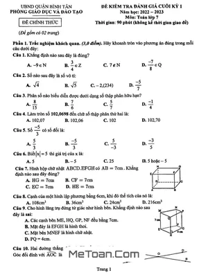 Đề thi học kỳ 1 Toán 7 năm 2022 - 2023 phòng GD&ĐT Bình Tân - TP HCM