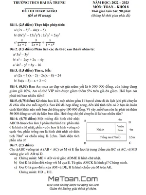 Đề Tham Khảo Học Kì 1 Toán 8 Năm 2022 - 2023 Trường THCS Hai Bà Trưng - TP.HCM
