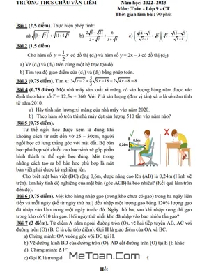 Đề thi học kỳ 1 Toán 9 năm 2022 - 2023 trường THCS Châu Văn Liêm - TP HCM