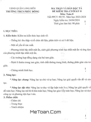 Đề Thi Cuối Kỳ 2 Toán 8 Năm 2023-2024 Trường THCS Phúc Đồng - Hà Nội