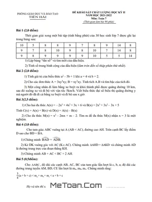 Đề thi học kỳ 2 Toán lớp 7 năm 2021 - 2022 phòng GD&ĐT Tiền Hải, Thái Bình