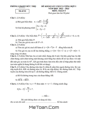 Đề khảo sát chất lượng đợt 1 Toán 9 năm 2022 - 2023 phòng GD&ĐT Đức Thọ - Hà Tĩnh