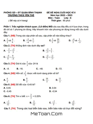 Đề Nghị Cuối Kì 2 Toán 6 Năm 2022 - 2023 Trường THCS Yên Thế - TP HCM