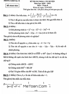 Đề thi Olympic Toán 8 cấp huyện Ba Vì năm học 2020 - 2021