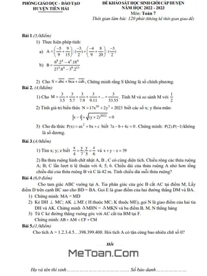 Đề thi học sinh giỏi Toán 7 năm 2022 - 2023 phòng GD&ĐT Tiền Hải - Thái Bình