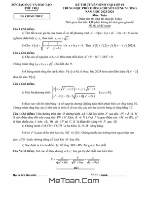 Đề vào lớp 10 chuyên Toán trường THPT Chuyên Hùng Vương - Phú Thọ năm 2023 - 2024