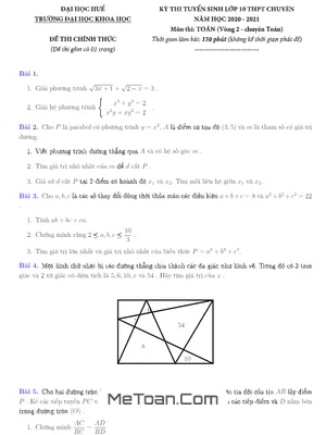 Đề thi vào 10 chuyên Toán trường ĐHKH Huế năm 2020 - 2021 (Vòng 2)