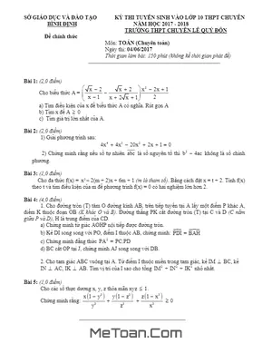Đề thi tuyển sinh lớp 10 THPT chuyên Toán trường Lê Quý Đôn - Bình Định năm học 2017 - 2018 (Có lời giải)