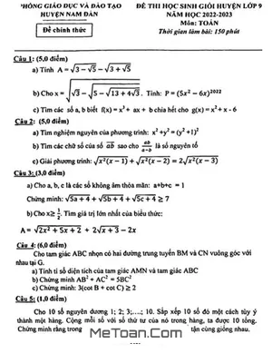 Đề thi học sinh giỏi huyện môn Toán lớp 9 năm 2022 - 2023 phòng GD&ĐT Nam Đàn, Nghệ An