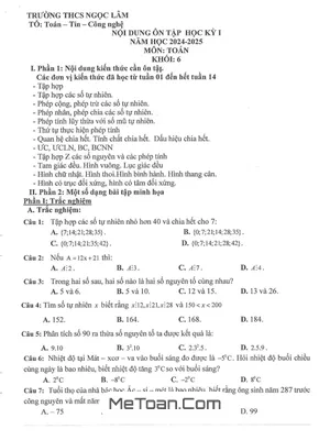 Ôn Tập Cuối Kì 1 Toán 6 Năm 2024 - 2025 Trường THCS Ngọc Lâm - Hà Nội