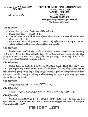Đề thi chọn học sinh giỏi tỉnh Toán THCS năm 2024 - 2025 Sở GD&ĐT Bến Tre