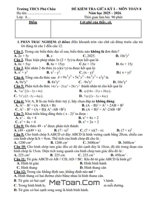 Tải Đề Thi Giữa Kỳ 1 Toán 8 Năm 2025 - 2026 THCS Phú Châu Hà Nội (Kèm Ma Trận)