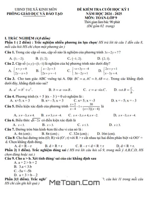 Đề Thi Cuối Học Kỳ 1 Toán 9 Năm Học 2024 – 2025 Phòng GD&ĐT Kinh Môn, Hải Dương (Có Đáp Án)