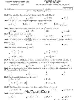 Đề thi thử THPTQG năm 2017 - 2018 Toán 11 trường Yên Dũng 3 - Bắc Giang lần 3