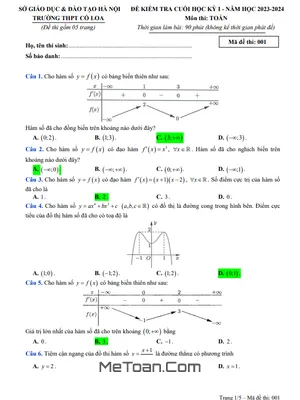 Đề thi học kỳ 1 Toán 12 năm 2023 - 2024 trường THPT Cổ Loa - Hà Nội (có đáp án)