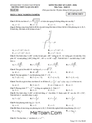 Đề thi HK1 Toán 12 năm 2019 - 2020 trường THPT Tạ Quang Bửu - TP.HCM