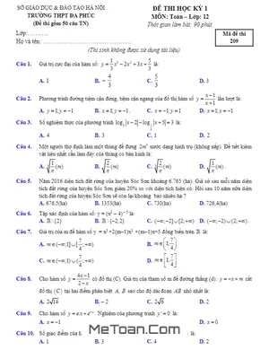 Đề thi HK1 Toán 12 năm 2016 – 2017 trường THPT Đa Phúc – Hà Nội - Dethivui