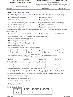 Đề Thi Giữa Kì 2 Toán 10 Năm 2023 - 2024 Trường THPT Hùng Vương - Bình Phước